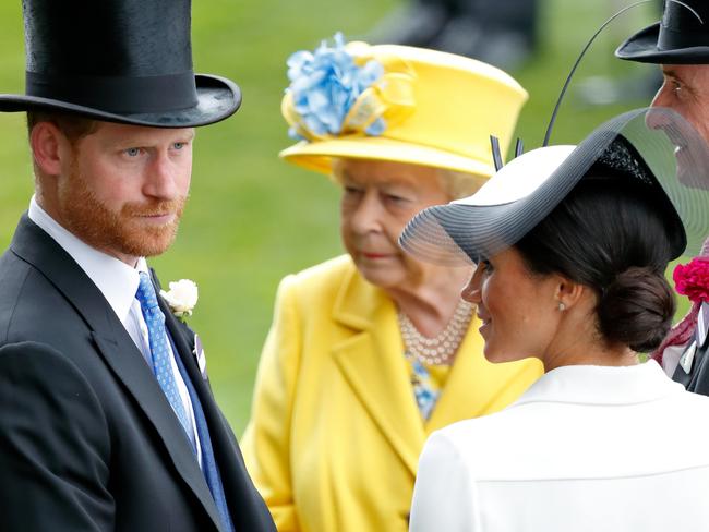 (FILE PIC) ASCOT, UNITED KINGDOM - JUNE 19: (EMBARGOED FOR PUBLICATION IN UK NEWSPAPERS UNTIL 24 HOURS AFTER CREATE DATE AND TIME) Prince Harry, Duke of Sussex, Meghan, Duchess of Sussex and Queen Elizabeth II attend day 1 of Royal Ascot at Ascot Racecourse on June 19, 2018 in Ascot, England. (Photo by Max Mumby/Indigo/Getty Images)