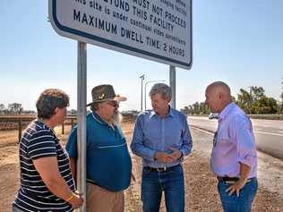 FLAWED: Shadow minister for transport Steve Minnikin (right) meets with member for Lockyer Jim McDonald and Regency Downs Truck driver Terry Dingle and his wife at the Gatton Truck Break Down area. Mr McDonald is calling for a complete redesign of the rest area. Picture: DOMINIC ELSOME