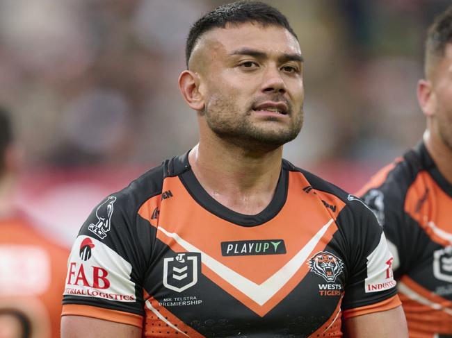 SYDNEY, AUSTRALIA - MAY 13: David Nofoaluma of the Tigers reacts during the round 11 NRL match between South Sydney Rabbitohs and Wests Tigers at Accor Stadium on May 13, 2023 in Sydney, Australia. (Photo by Brett Hemmings/Getty Images)