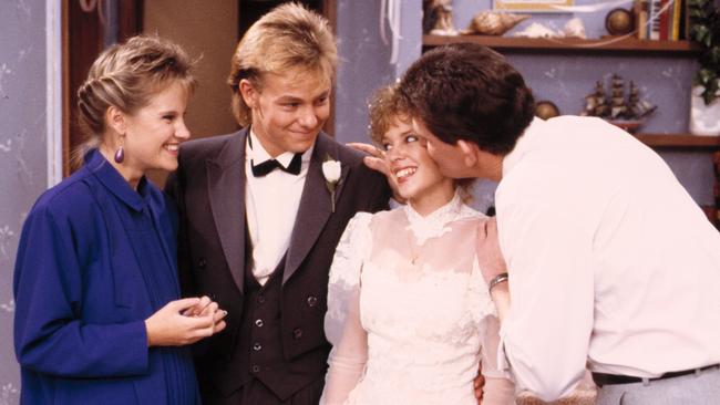 Elaine Smith, Jason Donovan, Kylie Minogue and Paul Keane on Neighbours. Picture: Network Ten