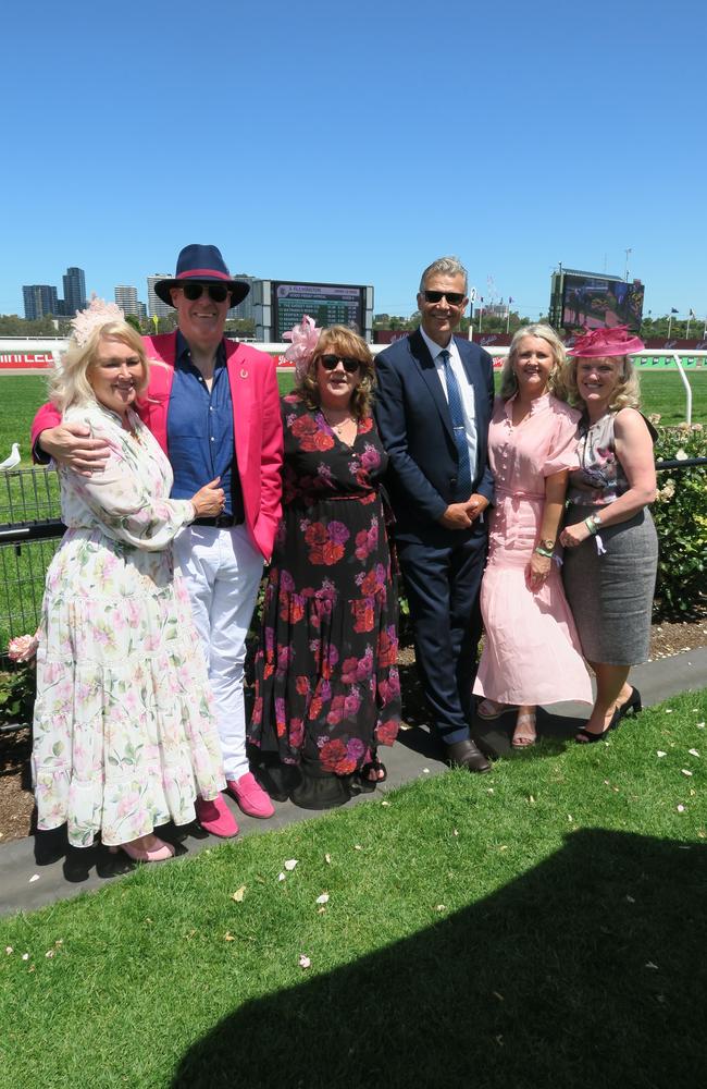 Leigh, Geoff, Leanne, Ann, Kim and Helen at the 2024 Crown Oaks Day, held at Flemington Racecourse. Picture: Gemma Scerri