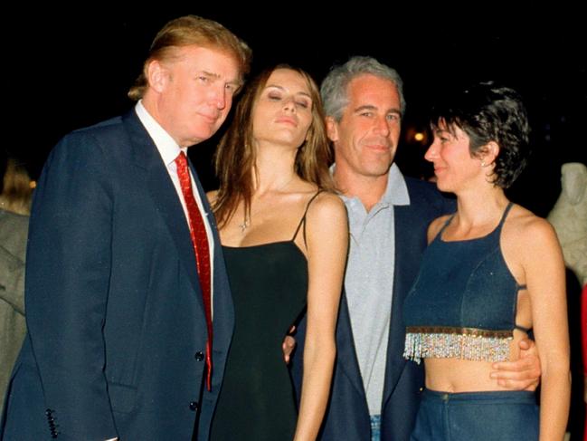 Donald Trump with then girlfriend (now wife), Melania Knauss, Jeffrey Epstein, and Ghislaine Maxwell at the Mar-a-Lago club, Palm Beach, Florida, in February 2000. Picture: Getty Images