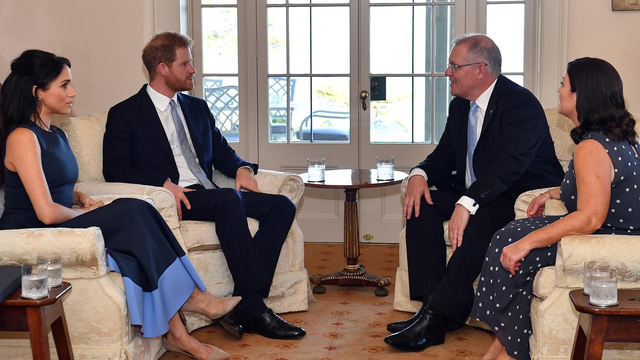 Meghan and Harry popped next door to Kirribilli House to meet Scott Morrison and his wife Jenny. Picture: Saeed Kahn