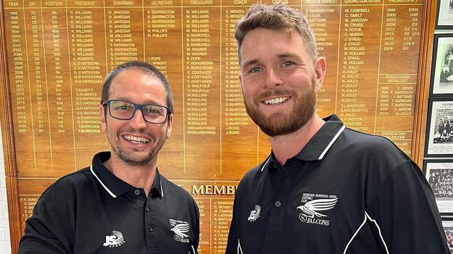 Payneham Norwood Union recruitstarBrad McKenzie (right) with Falcons coachJeremy Cini. Picture: Payneham Norwood Union FootballClub