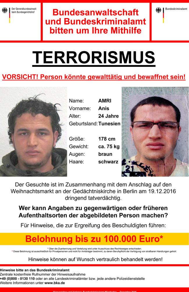 The wanted poster issued by German federal police shows 24-year-old Tunisian Anis Amri who is suspected of being involved in the fatal attack on the Christmas market in Berlin. Picture: AP