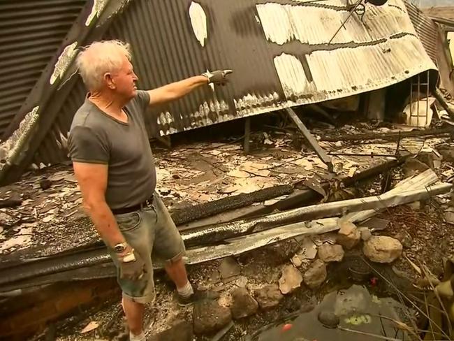 Lake Conjola resident Ron Coote returns to find his home destroyed by the fires. Picture: 9 News