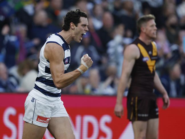 Shannon celebrates a goal against the Hawks last year. Picture: Michael Klein