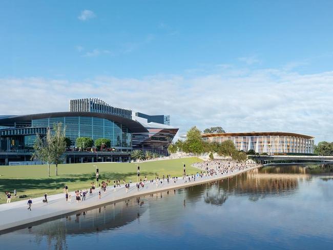 How the new arena will look from the River Torrens, alongside the Convention Centre.