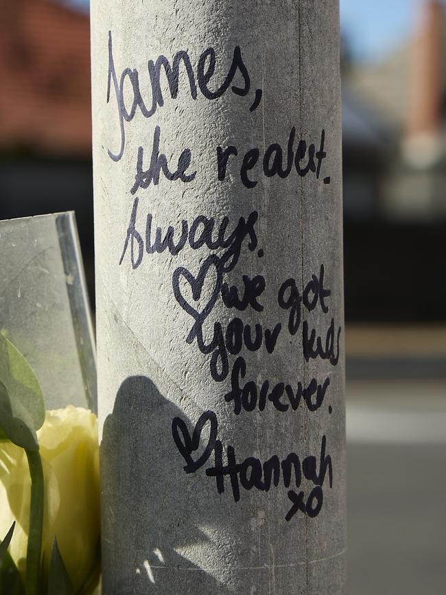 Flowers and messages left for James, who died in the crash. Picture: Matt Loxton