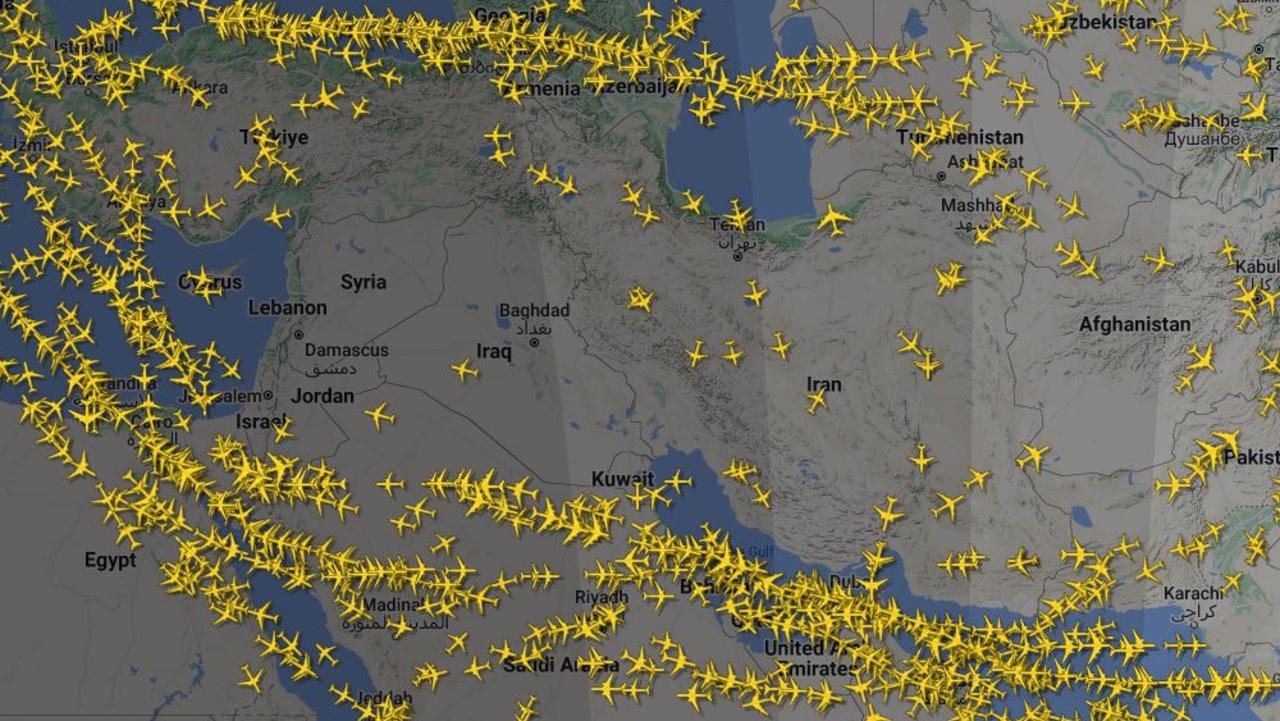 Flight radar map of the Middle East showing the area being avoided by airlines, as Qantas prepares to operate rescue flights into Cyprus. Picture: Flightradar24.com