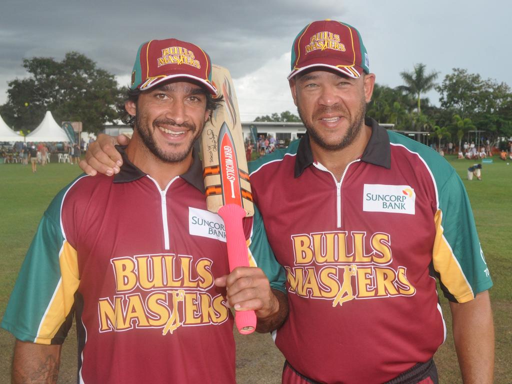 NRL legend Johnathan Thurston and the late Andrew Symonds. Thurston has become a regular on the Bulls Masters scene. Picture: News Corp Australia