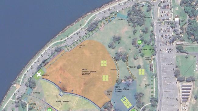 A Gold Coast City Council document showing a site plan for the Promiseland concert at The Spit planned for October 2024. It shows coverage at Doug Jennings Park.