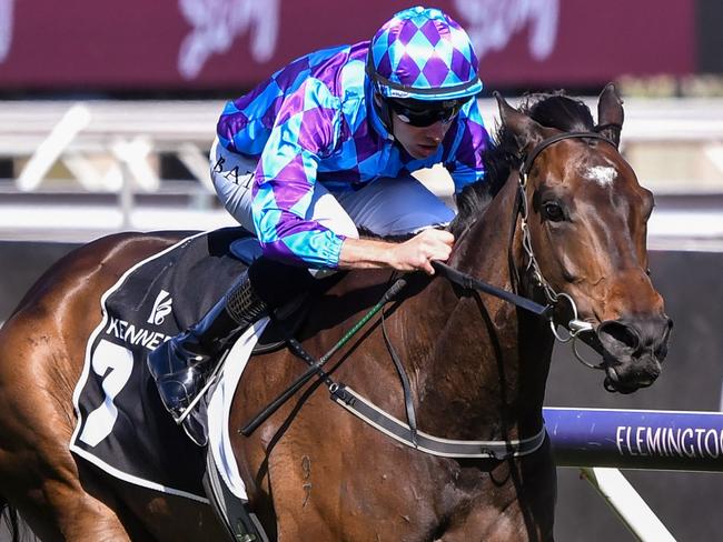 Pride Of Jenni ridden by Declan Bates wins the Kennedy Champions Mile at Flemington Racecourse on November 11, 2023 in Flemington, Australia. (Photo by Pat Scala/Racing Photos via Getty Images)