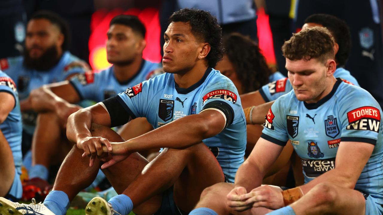 BRISBANE, AUSTRALIA - JULY 13: Jacob Saifiti of the Blues looks on after game three of the State of Origin Series between the Queensland Maroons and the New South Wales Blues at Suncorp Stadium on July 13, 2022, in Brisbane, Australia. (Photo by Chris Hyde/Getty Images)