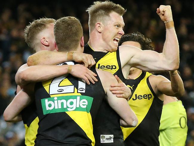 AFL 2nd Qualifying Final. Geelong v Richmond at the MCG . Richmond's Jacob Townsend celebrates a last qtr goal with Jack Riewoldt  . Pic: Michael Klein