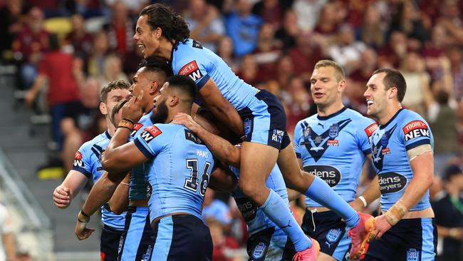 NSW celebrates after Daniel Saifiti’s try. Picture: Adam Head