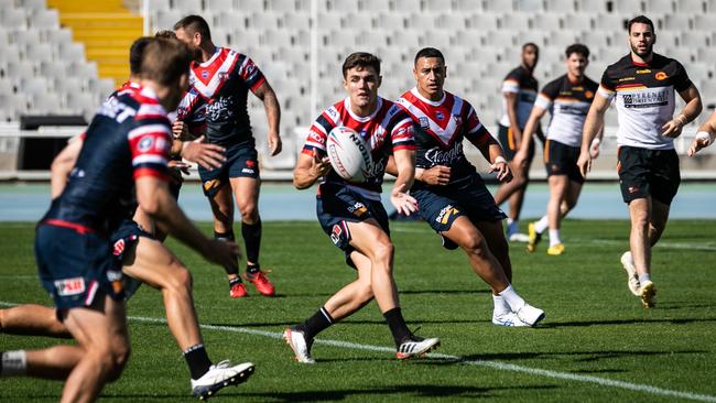 Kyle Flanagan fires a pass out the backline in Barcelona. Picture: Sydney Roosters