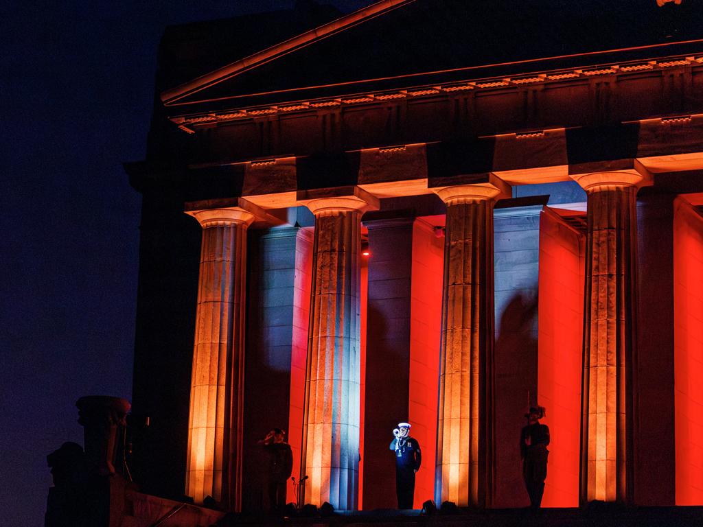 A bugler plays at the Anzac Day Dawn Service at Melbourne’s Shrine of Remembrance. Picture: Aaron Francis/NCA Newswire