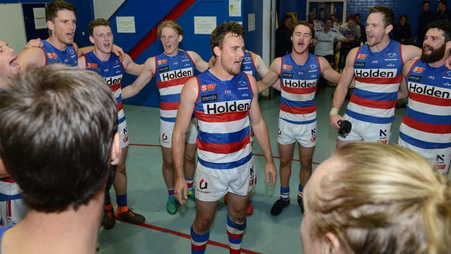 Who would have believed? James Watt sings the song after Centrals knocked over Glenelg. Picture: Brenton Edwards/AAP