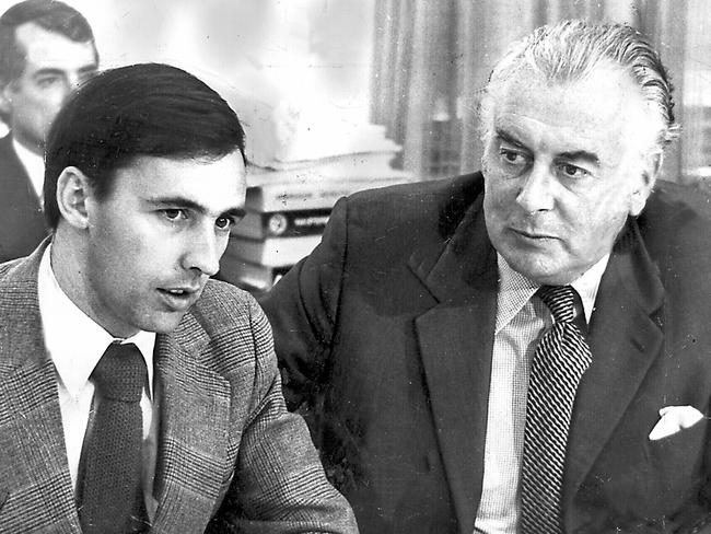 Paul Keating (L) with Gough Whitlam during 1974 ALP caucus meeting.