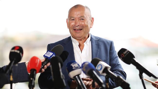 SYDNEY, AUSTRALIA - OCTOBER 17: Wallabies head coach Eddie Jones speaks to the media during a Rugby Australia press conference at Coogee Oval on October 17, 2023 in Sydney, Australia. (Photo by Mark Metcalfe/Getty Images)