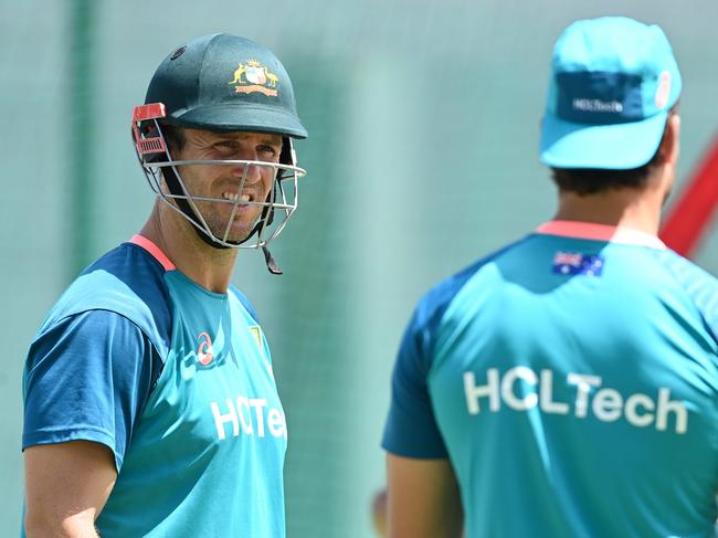 BRIDGETOWN, BARBADOS - JUNE 07: Mitchell Marsh of Australia speaks with Marcus Stoinis during a net session as part of the ICC Men's T20 Cricket World Cup West Indies & USA 2024 at Kensington Oval on June 07, 2024 in Bridgetown, Barbados. (Photo by Gareth Copley/Getty Images)