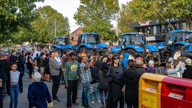 A tractor convoy joined more than 2000 people protesting in Werribee over the dumping of potentially dangerous soil in Wyndham Vale. Picture: David Mullins