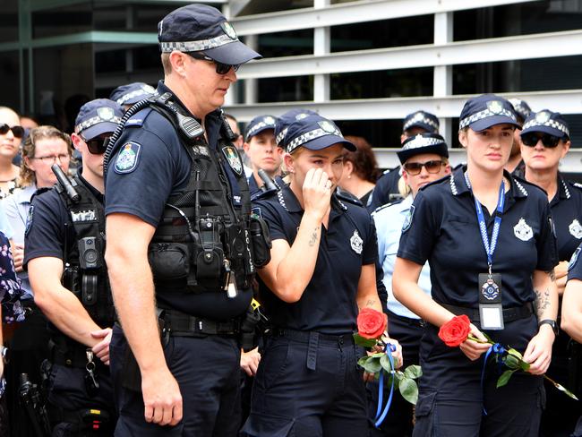 Memorial police service for Constable Matthew Arnold and Constable Rachel McCrow at Townsville Police Station. Constable Glenn Templeton and Constable Bree Lochyear, who went through Police Academy with Rachel, Constable Dakotah Camin who knew Matthew. Picture: Evan Morgan