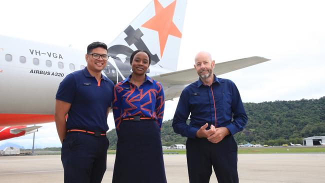 Jetstar cabin crew members Jonas Desiderio and Loyce Thorach, and cabin crew manager Alby McDonald will celebrate International Cabin Crew Member Day in the sky on May 31. Picture: Catherine Duffy