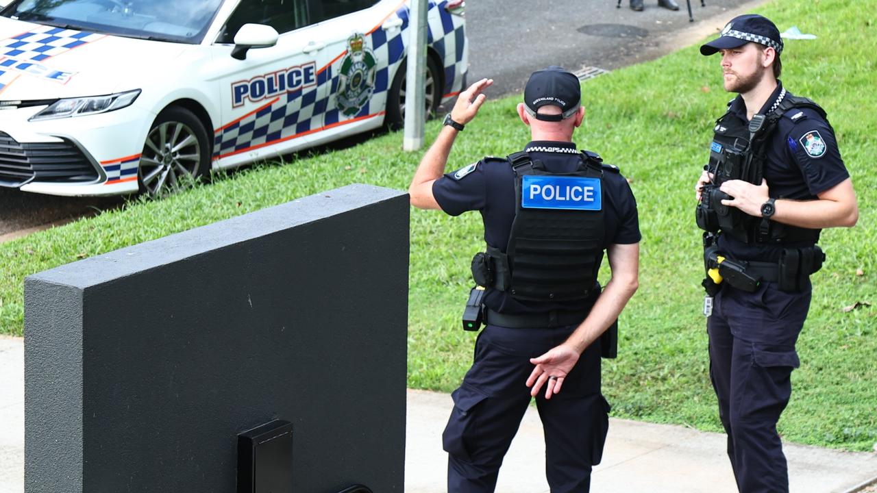 Police officers watch over a crime scene at Mount Sheridan Cairns following the sudden deaths of a man and a woman on May 27. Picture: Peter Carruthers