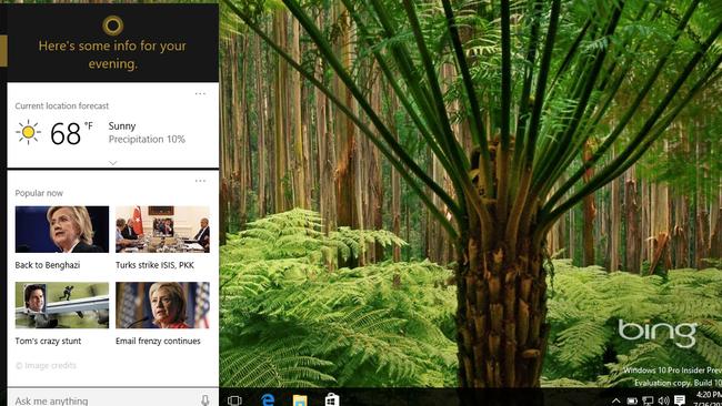 Aussie assistant ... Microsoft's personal voice assistant Cortana appears in the taskbar of Windows 10