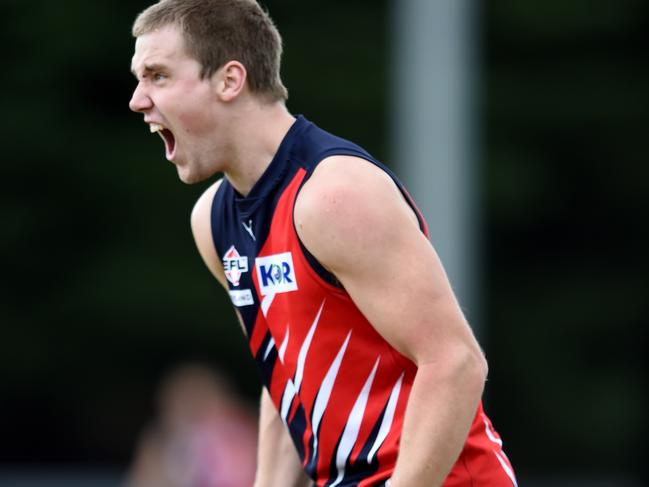 EFL Football: Waverley Blues v East Burwood at Mt Waverley Reserve. Blues forward Matt Perry is ecstatic at his goal. Picture: Steve Tanner