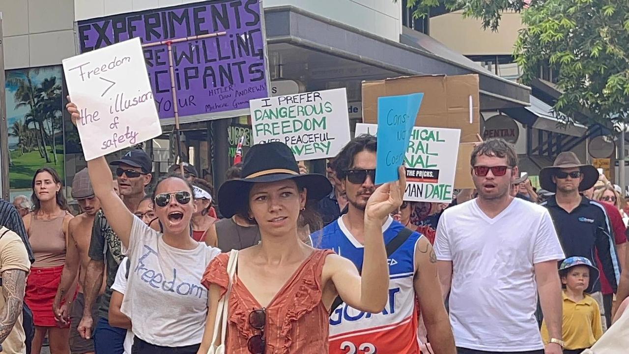 Protesters at the freedom rally in Darwin CBD on October 30, 2021. Picture: Amanda Parkinson