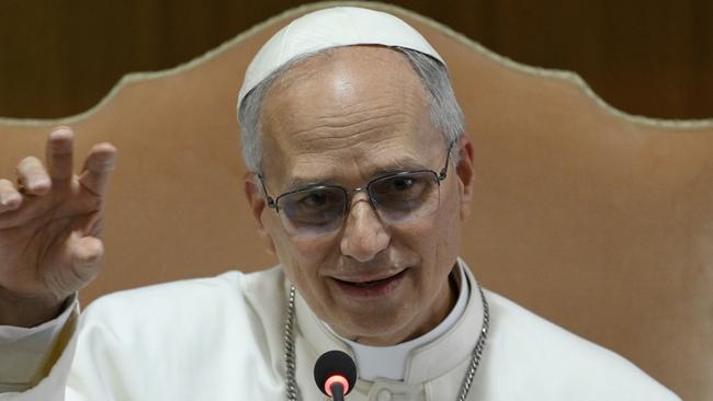 Pope Leo XIV meets the College of Cardinals in the New Synod Hall at the Vatican, Saturday, May 10, 2025. (Vatican Media via AP)