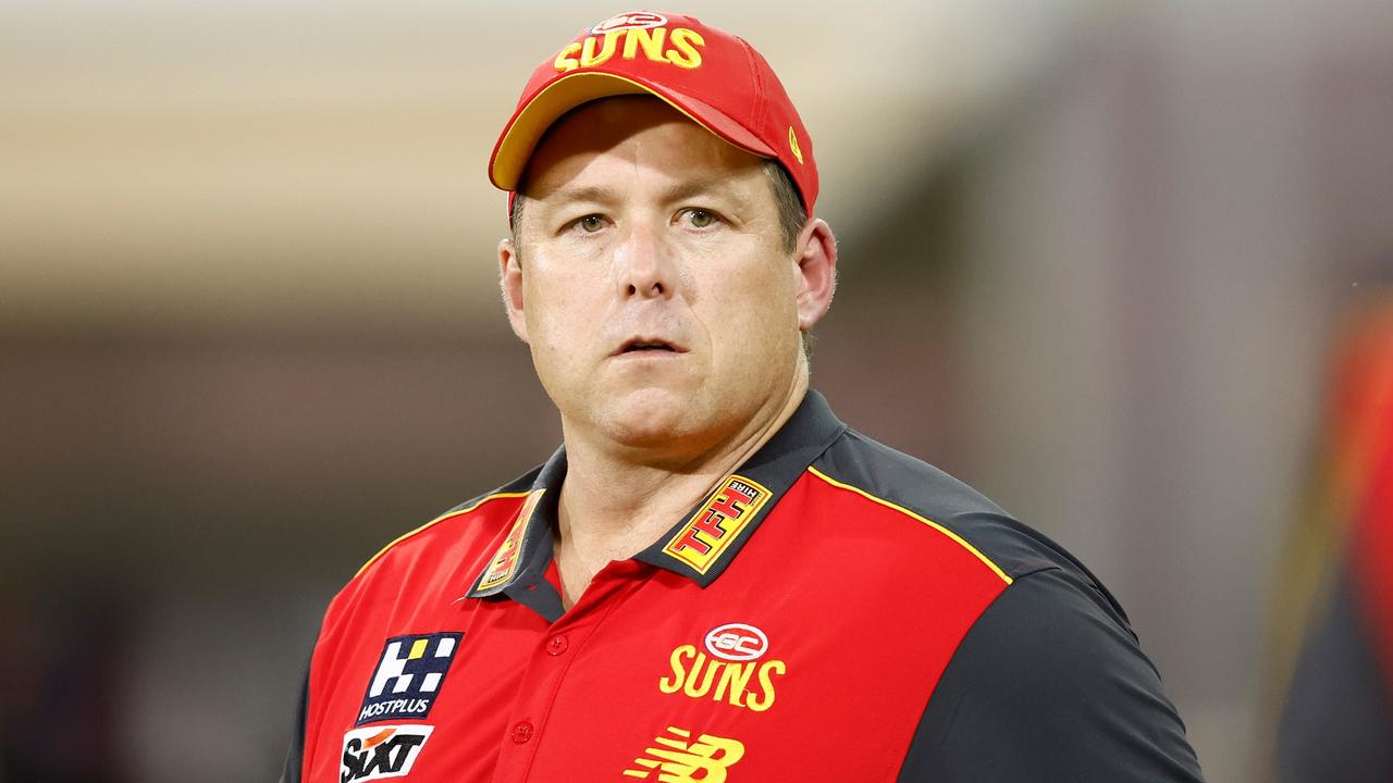 DARWIN, AUSTRALIA - MAY 27: Stuart Dew, Senior Coach of the Suns looks on during the 2023 AFL Round 11 match between the Gold Coast Suns and the Western Bulldogs at TIO Stadium on May 27, 2023 in Darwin, Australia. (Photo by Michael Willson/AFL Photos via Getty Images)