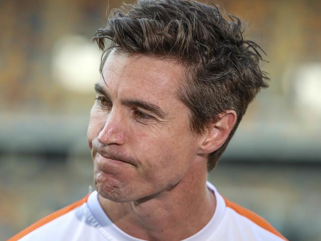 GWS Giants assistant coach Lenny Hayes in speaks to media during a training session at The Gabba, Brisbane, Friday, September 13, 2019. (AAP Image/Glenn Hunt) NO ARCHIVING