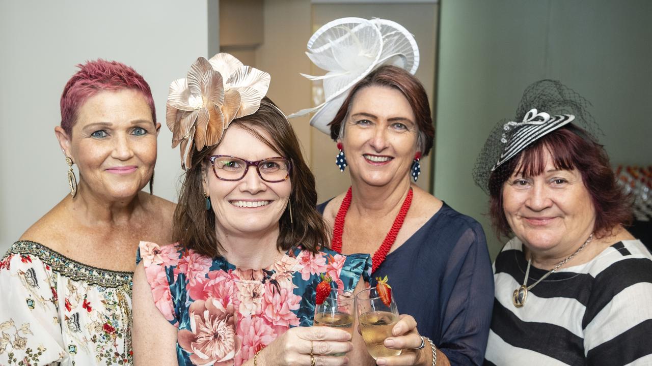 Melbourne Cup luncheon hosted by Rotary Club of Toowoomba City are (from left) Tanya Milligan, Cathy Jocubeit, Wendy Keller and Sally Peacock raising funds for Protea Place, Tuesday, November 1, 2022. Picture: Kevin Farmer