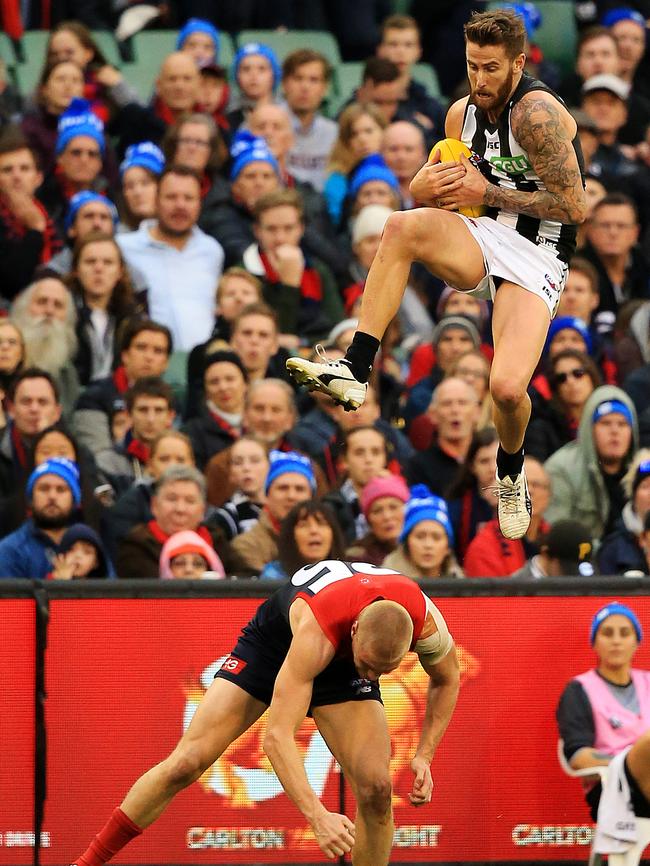 Jeremy Howe’s huge mark over Tom McDonald. Picture: Mark Stewart