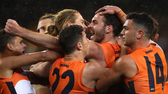 Winners! The Giants Jeremy Finlayson celebrates a goal during the match against Collingwood.