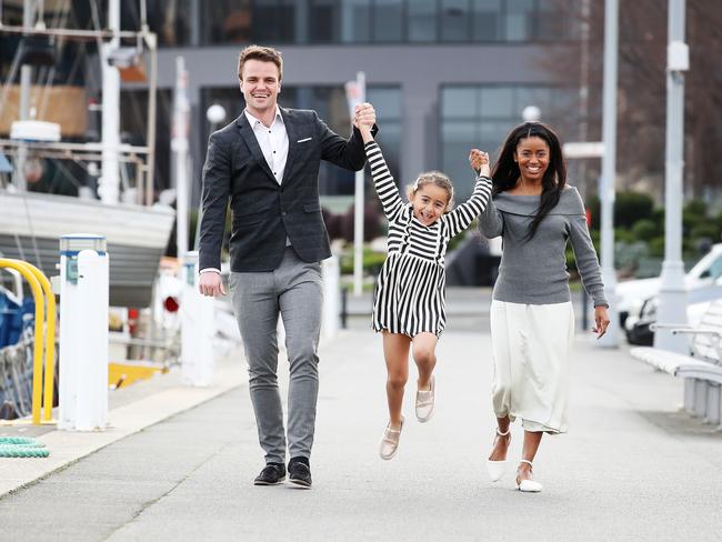 Bachelor in Paradise Hobart couple, Conor Canning and Mary Viturino with Mary's daughter Chanel Baxter, 6. Picture: Zak Simmonds