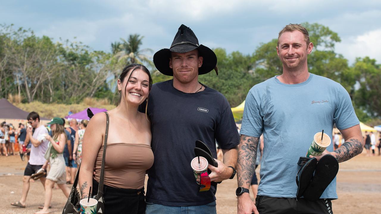 Lexie Priniski, Lincoln Goldspink and Jake Fauser at the Darwin Beer Can Regatta at Mindil Beach, 2023. Picture: Pema Tamang Pakhrin