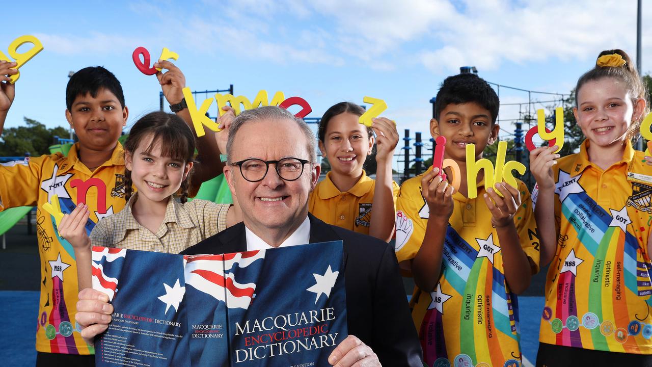 Prime Minister Anthony Albanese with Nundah State School students Rohan Bishnoi, 11, year 6; Matilda Sedgman, 8, year 3; Zoe Caporale, 10, year 5; Avhi Hejeebu, 11, year 6; and Evie Sedgman, 11, Year 6; Prime Minister's Spelling Bee launch. Picture: Liam Kidston