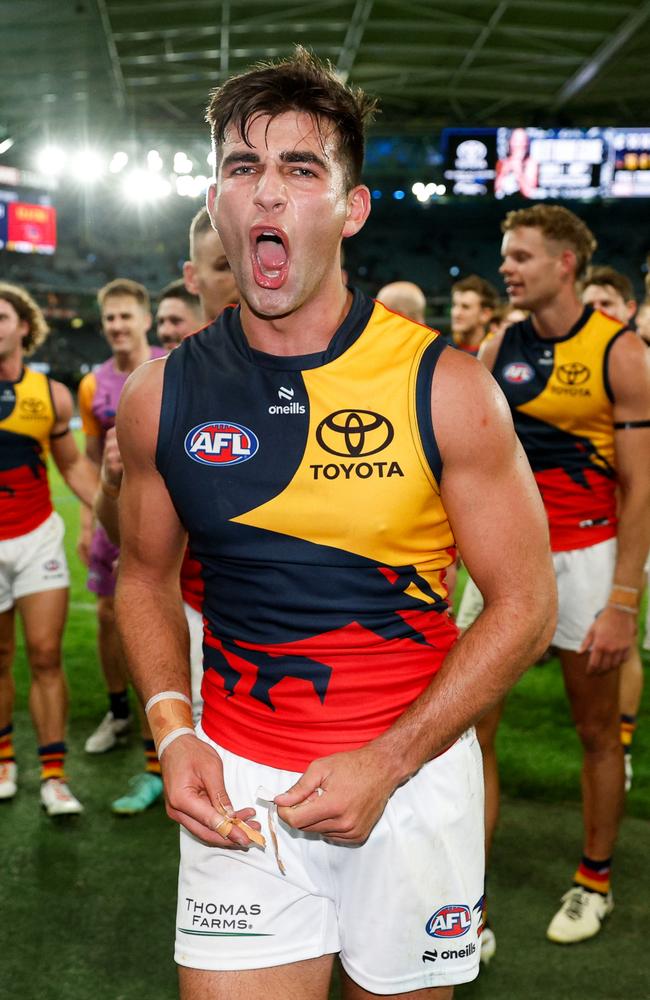 Josh Rachele lifted against the Blues. Picture: Dylan Burns/AFL Photos