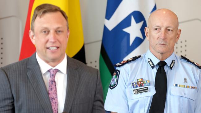 Premier Steven Miles announces the appointment of veteran officer Steve Gollschewski as new Police Commissioner. Picture: Steve Pohlner