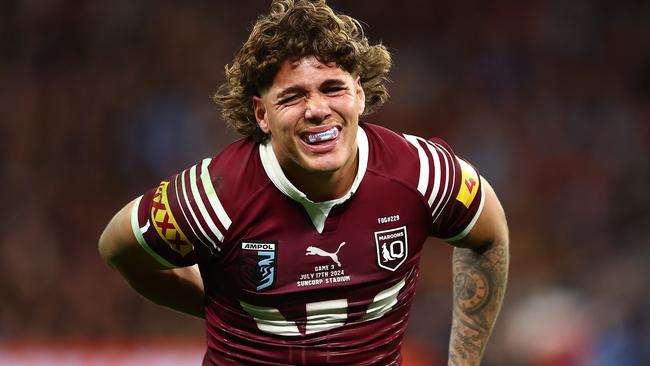 BRISBANE, AUSTRALIA - JULY 17:  Reece Walsh of the Maroons reacts after an injury during game three of the 2024 Men's State of Origin series between Queensland Maroons and New South Wales Blues at Suncorp Stadium on July 17, 2024 in Brisbane, Australia. (Photo by Chris Hyde/Getty Images)