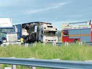 Four Queensland Fire and Emergency Service crews were called to the scene after a truck burst into flames. Picture: Contributed