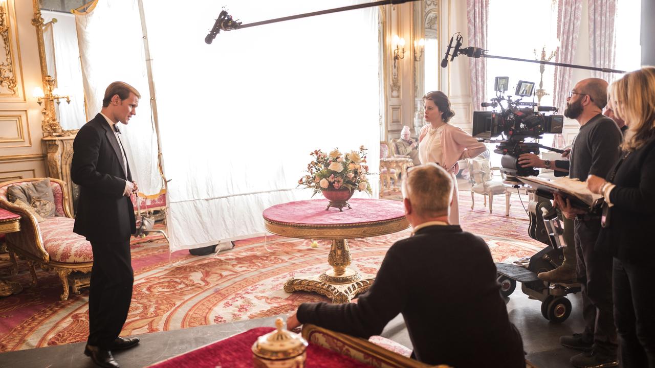 Behind the scenes The Crown – Matt Smith, Stephen Daldry, Claire Foy – Matt Smith and Claire Foy film with director Stephen Daldry at Belvoir Castle (Windsor Castle)