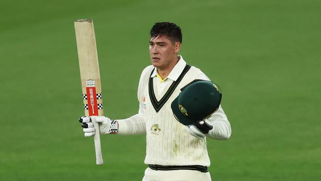 Renshaw celebrates scoring a century in November 2022in the PM’s XI game. Picture: Getty Images