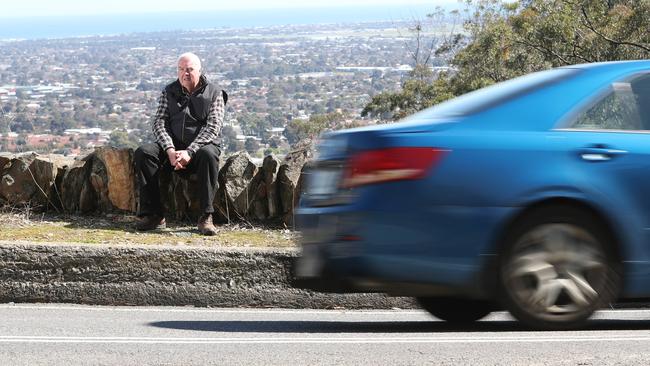 Roger Hancock, former DPTI road safety auditor, on a section of Belair Rd up to the Windy Point Lookout he says is dangerous. Picture: Tait Schmaal