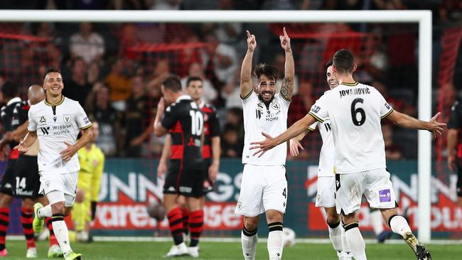 Macarthur FC’s Benat Etxebberia celebrates after his free kick was deflected into the goal during a 1-0 win over Western Sydney at Bankwest Stadium
